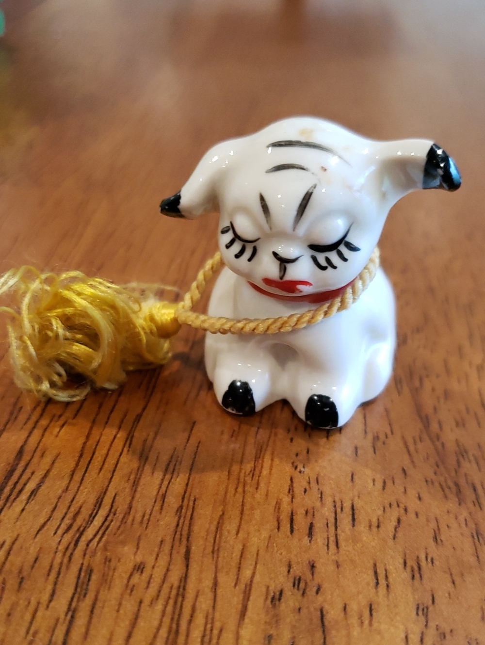 Vintage Ceramic White Dog Figurine with Gold Color Tassel